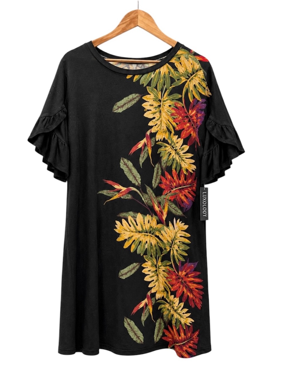 Luxology Women’s Medium Black Tropical Floral Ruffle Sleeve Shift Dress Midi